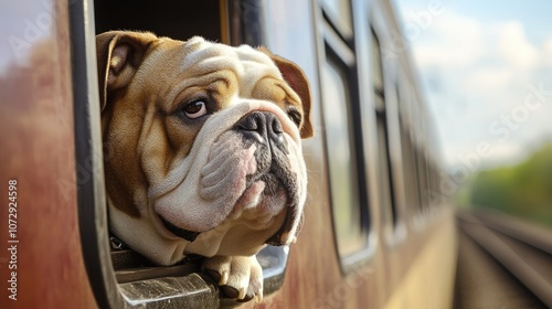 Bulldog enjoying train journey from open window
