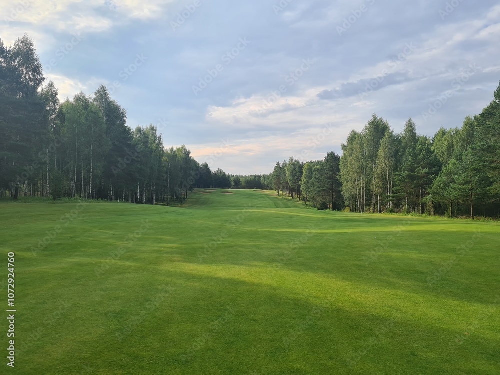 Lush green golf course landscape surrounded by trees during late afternoon Lush green golf course landscape surrounded by trees during late afternoon