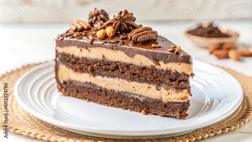 A slice of decadent chocolate cake layered with creamy filling, topped with pecans and star anise, sits on a white plate on a textured surface.