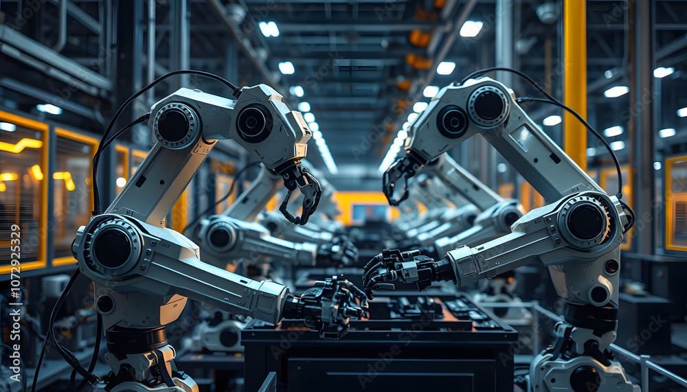 Fototapeta premium Computer aided manufacturing, 3D AI artificial intelligence teamwork robot, robot arms in M2M smart factory increase productivity, quality, quantity, factory engineering and industrial technology is