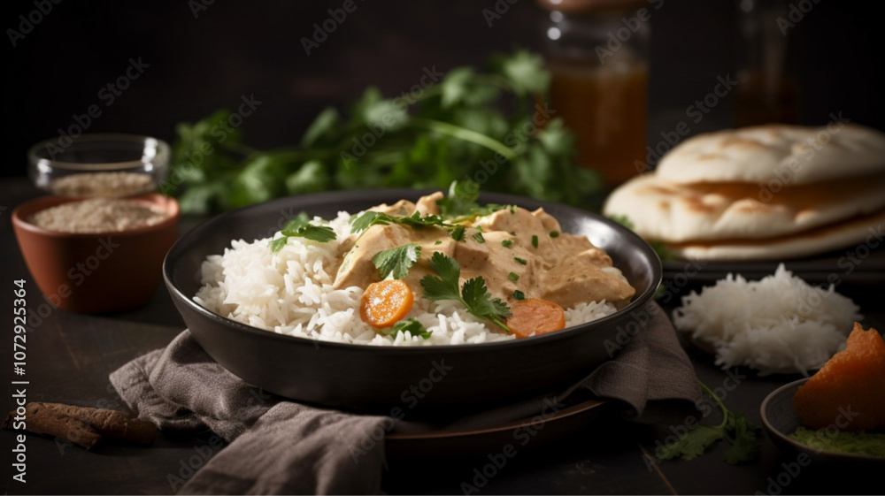 A bowl of creamy and flavorful chicken scallops in mushroom sauce, fresh chicken scallops. A bowl of creamy and flavorful chicken scallops in mushroom sauce, fresh chicken scallops.
