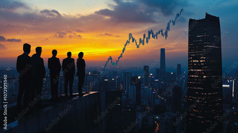 Abstract business team stands on the peak of success amid tall, innovative Smart city and graphs with statistics to analyze business potential and predict future developments in company growth. Abstract business team stands on the peak of success amid tall, innovative Smart city and graphs with statistics to analyze business potential and predict future developments in company growth.