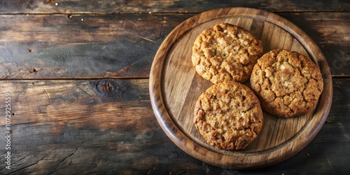 Three golden brown cookies with a crispy texture, arranged on a rustic wooden cutting board, set against a backdrop of weathered wood grain.