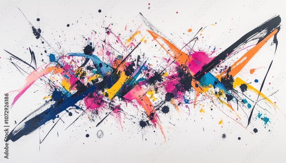 Abstract Painting with Black, Blue, Yellow, Pink and Orange Paint Splatter Abstract Painting with Black, Blue, Yellow, Pink and Orange Paint Splatter