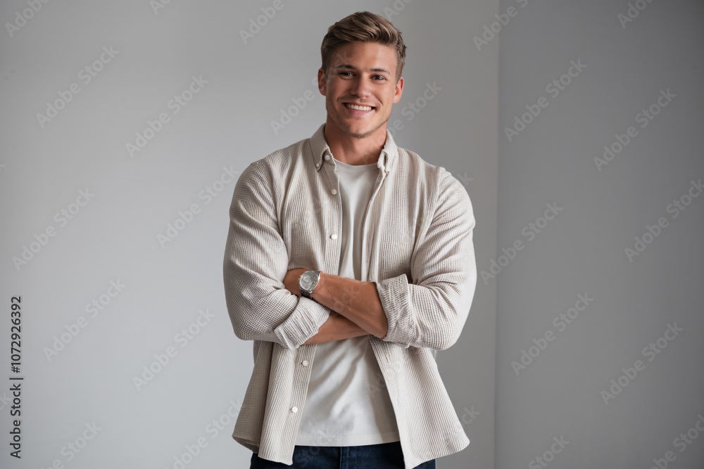 young man standing casually with his arms crossed, smiling warmly. He is dressed in a light beige button-up shirt worn over a plain white t-shirt, creating a relaxed and approachable look. young man standing casually with his arms crossed, smiling warmly. He is dressed in a light beige button-up shirt worn over a plain white t-shirt, creating a relaxed and approachable look.