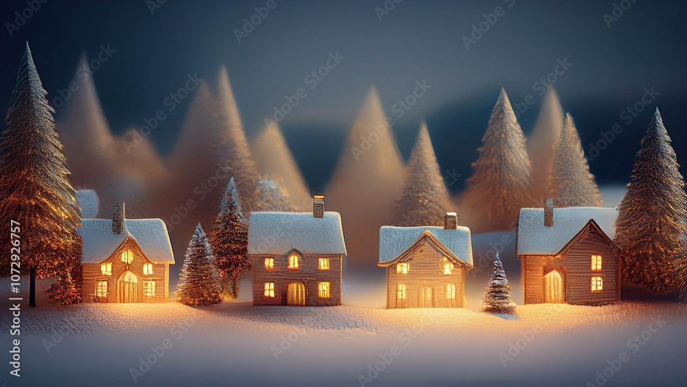 Obraz premium 雪が積もる田舎の小さな家々 暖かい光が窓から漏れているクリスマスの風景 ミニチュアのような小さな世界