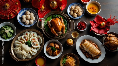 Wallpaper Mural A lavish Lunar New Year’s Eve dinner spread with traditional dishes like fish, dumplings, and roast chicken, with family gathered around. Lunar New Year, family dinner, traditional dishes, prosperity Torontodigital.ca