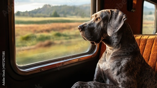 Great dane dog enjoying train trip looking out window