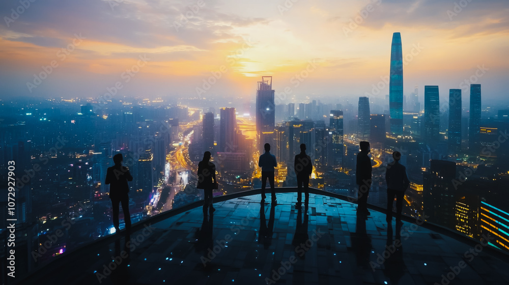 Abstract business team stands on the peak of success amid tall, innovative Smart city and graphs with statistics to analyze business potential and predict future developments in company growth.
Abstract business team stands on the peak of success amid tall, innovative Smart city and graphs with statistics to analyze business potential and predict future developments in company growth.