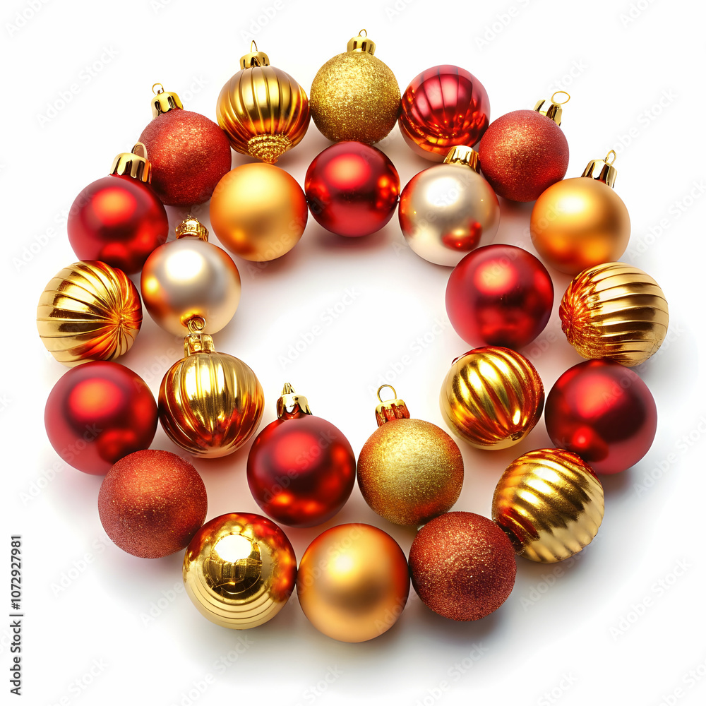 A set of shiny red and gold Christmas baubles arranged beautifully A set of shiny red and gold Christmas baubles arranged beautifully
