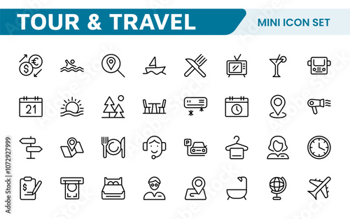 Travel Booking Icon Set. Stylish and user-friendly icons for enhancing travel apps, websites, and services, perfect for streamlining flight searches, hotel bookings, and adventure planning.