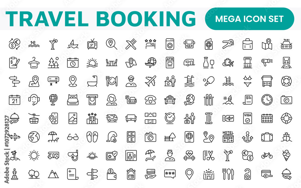 Travel Booking Icon Set. Stylish and user-friendly icons for enhancing travel apps, websites, and services, perfect for streamlining flight searches, hotel bookings, and adventure planning. Travel Booking Icon Set. Stylish and user-friendly icons for enhancing travel apps, websites, and services, perfect for streamlining flight searches, hotel bookings, and adventure planning.