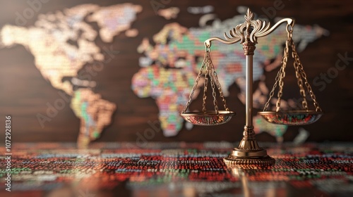 A global finance law concept with scales of justice overlaid on a world map filled with stock market symbols photo