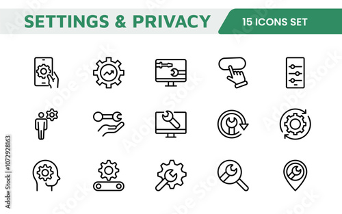 Settings & Maintenance Icon Set. Sleek and functional icons for user interfaces, perfect for enhancing apps and websites with intuitive navigation for settings, updates, and maintenance.