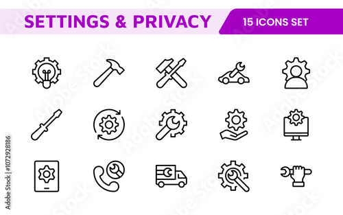 Settings & Maintenance Icon Set. Sleek and functional icons for user interfaces, perfect for enhancing apps and websites with intuitive navigation for settings, updates, and maintenance.