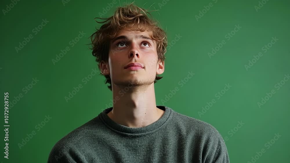 Young man with blond hair is shown in a series of images against a green screen background, his expression changing subtly as he looks upward Young man with blond hair is shown in a series of images against a green screen background, his expression changing subtly as he looks upward