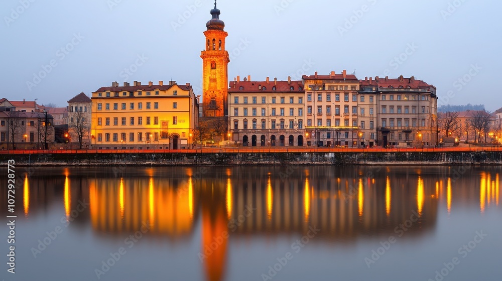 Naklejka premium A serene riverside view of historic architecture, featuring a prominent clock tower, illuminated at dusk, reflecting beautifully in the water.