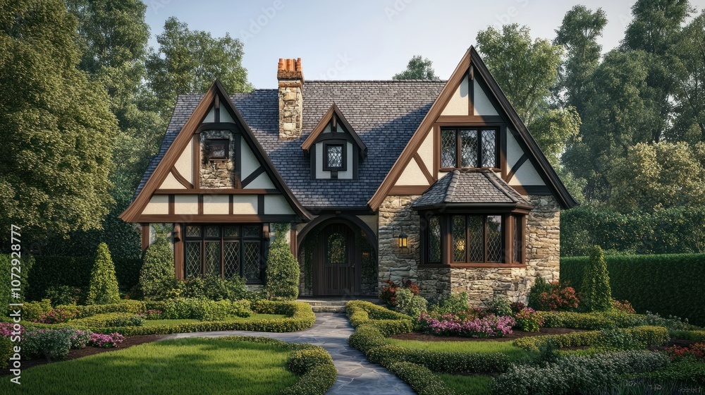 A charming Tudor-style house with a stone facade and a manicured lawn. A charming Tudor-style house with a stone facade and a manicured lawn.