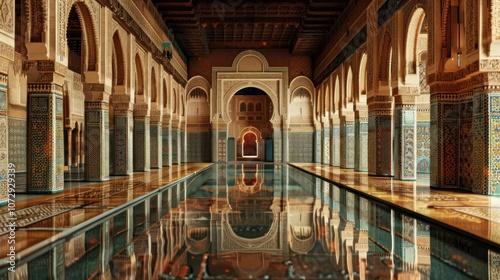 Ornate archway and reflecting pool in a historic building.