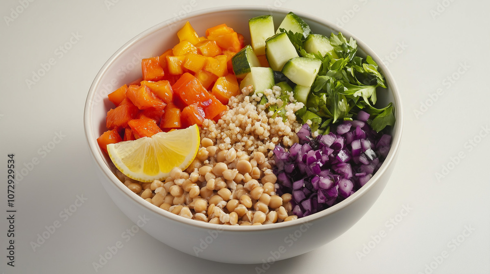 Close-up of Buddha bowl with chickpeas, leafy greens, and sliced avocado Close-up of Buddha bowl with chickpeas, leafy greens, and sliced avocado