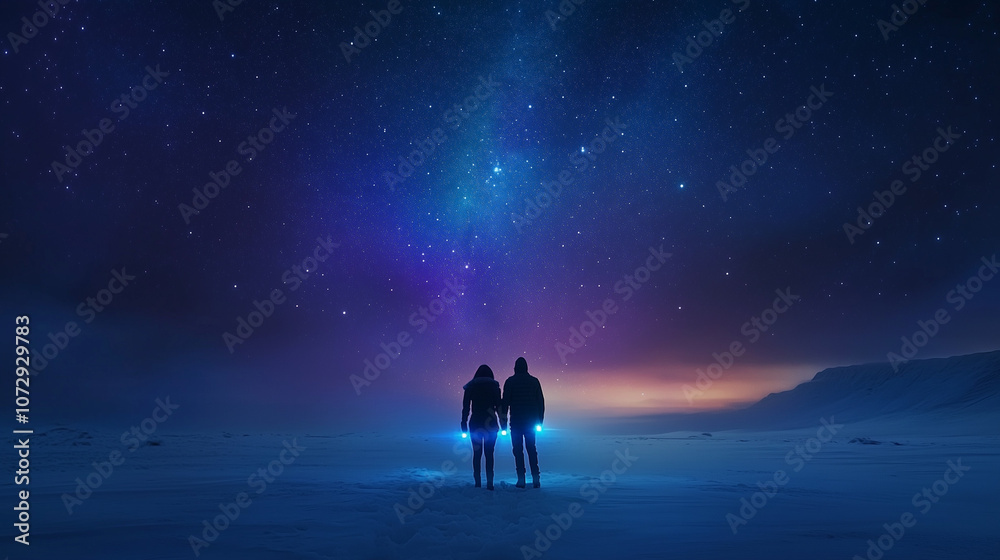 Fototapeta premium Snow fields at night with a backdrop of a starry sky and beautiful northern lights. Amazing night view.