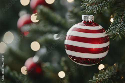 Close up of Christmas bauble ornament with red and white stripes on tree with copy space. photo