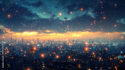 A cityscape at night with many glowing lanterns rising into the sky, creating a magical and ethereal atmosphere.