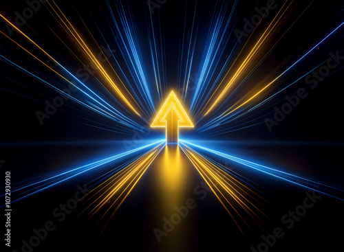 A glowing yellow arrow points upward in a black void, surrounded by radiating lines of blue and yellow light.