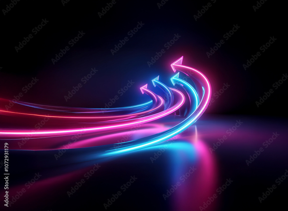 Three curved neon arrows glow in the dark, creating a sense of movement and direction. The blue and pink colors are reflected on the dark surface. Three curved neon arrows glow in the dark, creating a sense of movement and direction. The blue and pink colors are reflected on the dark surface.