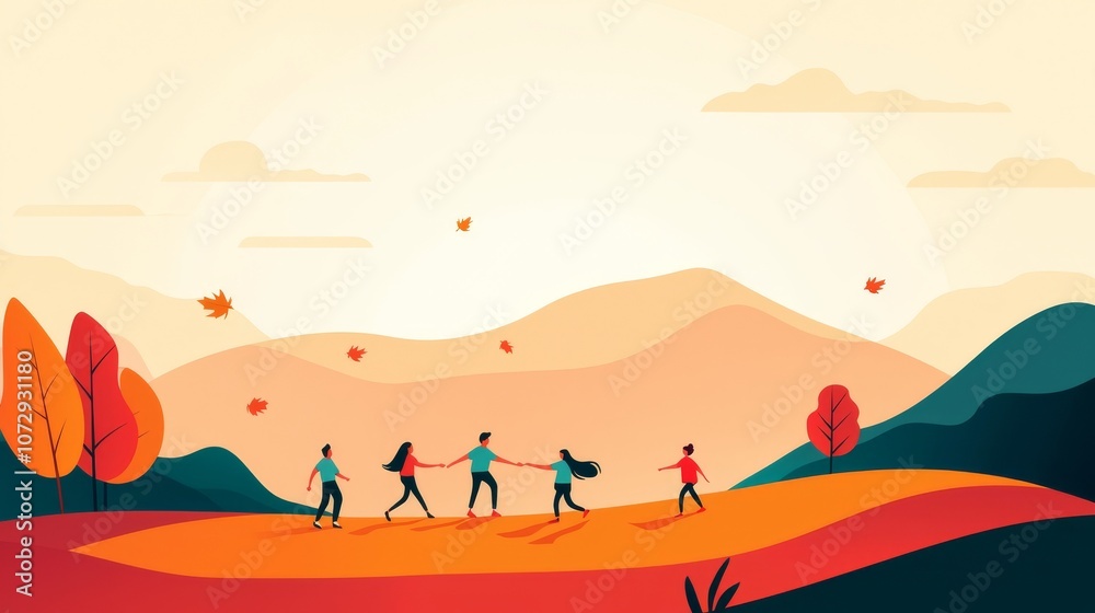 Fototapeta premium A stylized illustration depicting a group of people walking together through a vibrant landscape filled with trees and mountains under a sunset sky.
