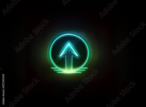 A glowing neon green and blue arrow points upward inside a circular frame against a black background.