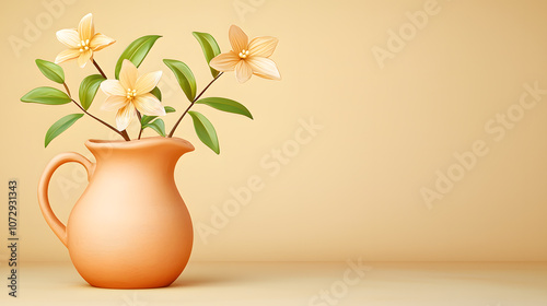 Terracotta pitcher with delicate yellow flowers