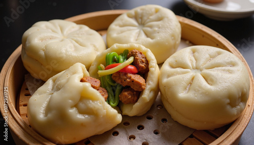 Traditional steamed bao buns with meat filling and vegetables photo