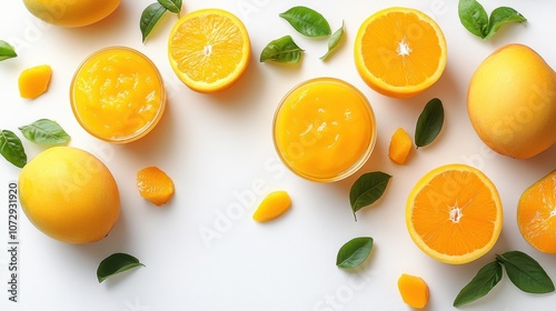 Vibrant arrangement of fresh oranges and citrus desserts on a bright white surface showcasing a burst of color and flavor