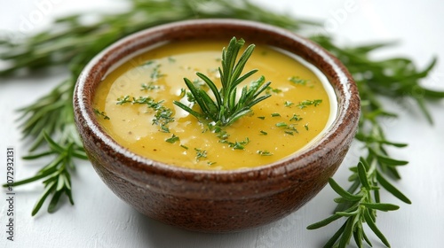 A bowl of vibrant yellow sauce garnished with fresh rosemary and herbs on a white background, perfect for culinary creations and dining photo