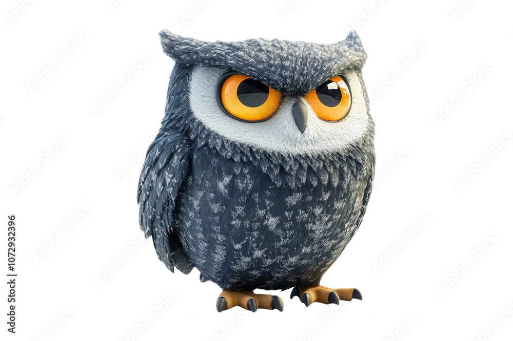 Fototapeta premium A cartoon owl with big yellow eyes and gray feathers, isolated on transparent or white background