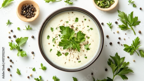 Creamy white soup garnished with fresh herbs and spices on a minimalist kitchen countertop