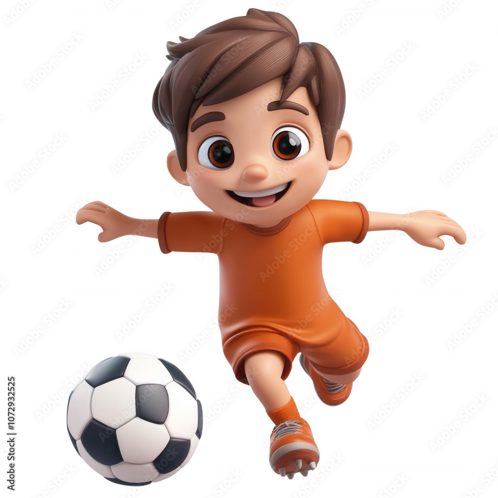A cheerful cartoon boy in an orange jersey dribbling a soccer ball with a big smile on his face, isolated on transparent or white background A cheerful cartoon boy in an orange jersey dribbling a soccer ball with a big smile on his face, isolated on transparent or white background
