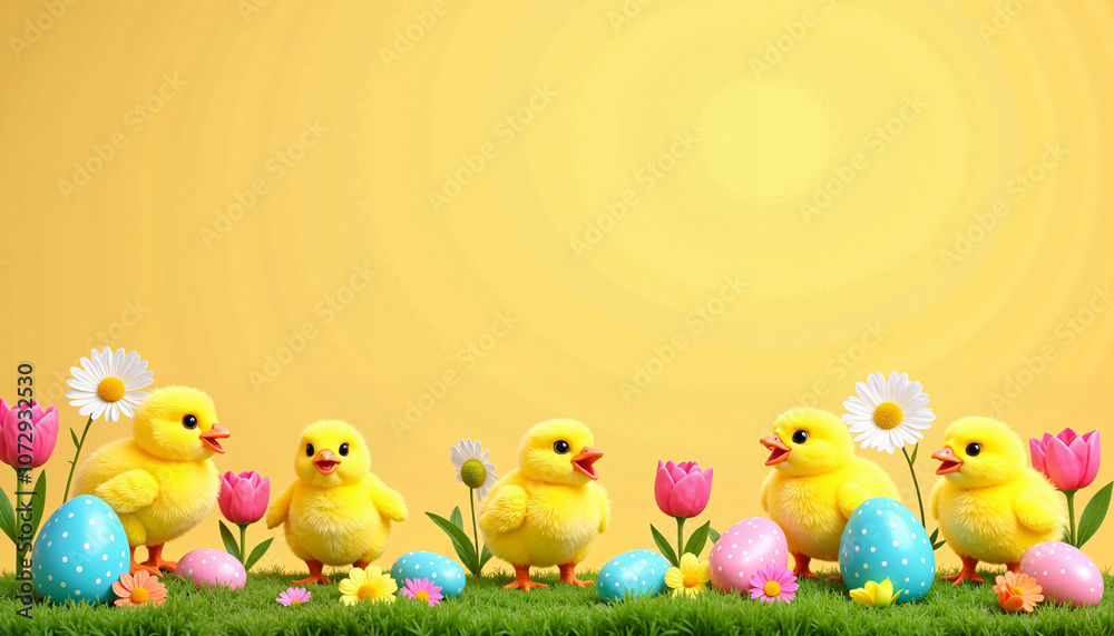 Cute Easter chicks with colorful eggs and flowers on yellow background Cute Easter chicks with colorful eggs and flowers on yellow background