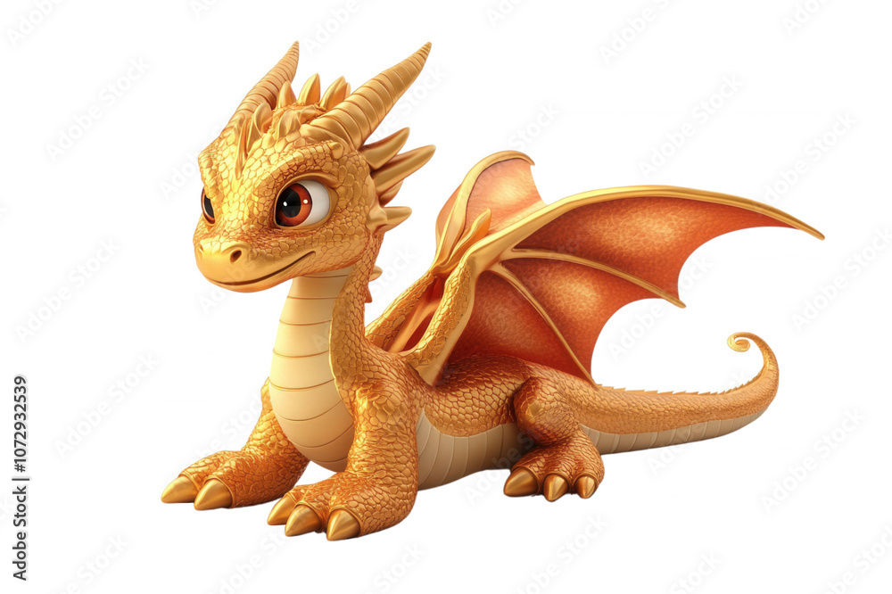 Fototapeta premium A charming golden dragon character with vibrant scales and playful expression, isolated on transparent or white background