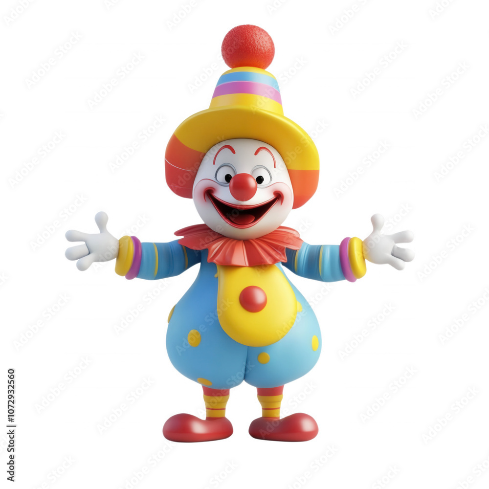 A cheerful clown with a big smile and outstretched arms, isolated on transparent or white background
