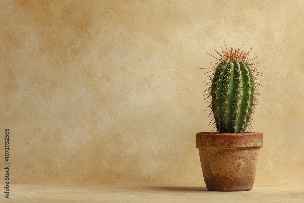 small cactus in a pot on a beige background