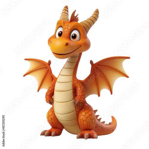 A cute, cartoon orange dragon with wings spread, smiling, isolated on transparent or white background