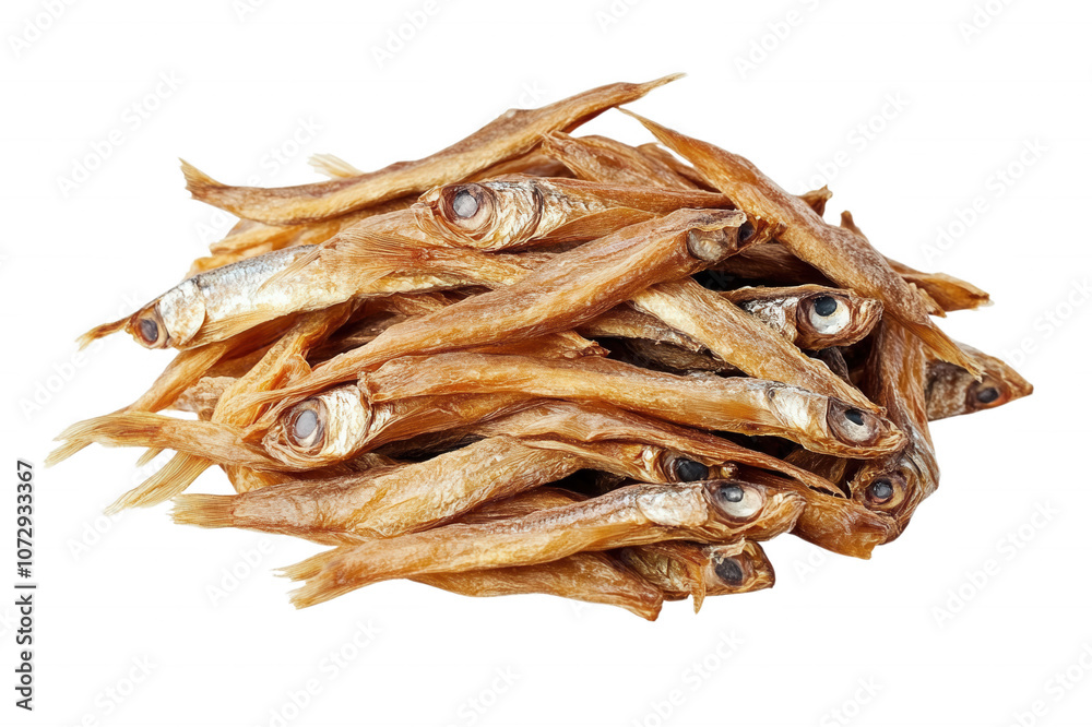 Obraz premium A pile of dried, small fish with large eyes, arranged in a circular pattern, isolated on transparent or white background