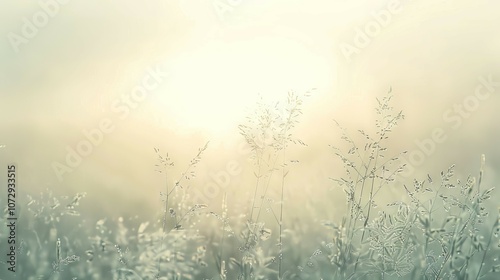 Misty dawn meadow. Serene sunrise, grass glistening with dew. Peaceful, hopeful atmosphere. Nature's gentle awakening.