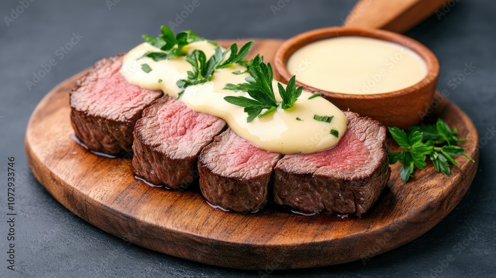 A delectable serving of tender beef steak topped with creamy sauce and garnished with fresh herbs on a wooden platter. A delectable serving of tender beef steak topped with creamy sauce and garnished with fresh herbs on a wooden platter.