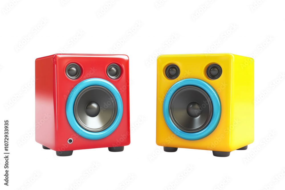 Two colorful, small speakers in red and yellow, with a blue speaker cone, isolated on transparent or white background Two colorful, small speakers in red and yellow, with a blue speaker cone, isolated on transparent or white background