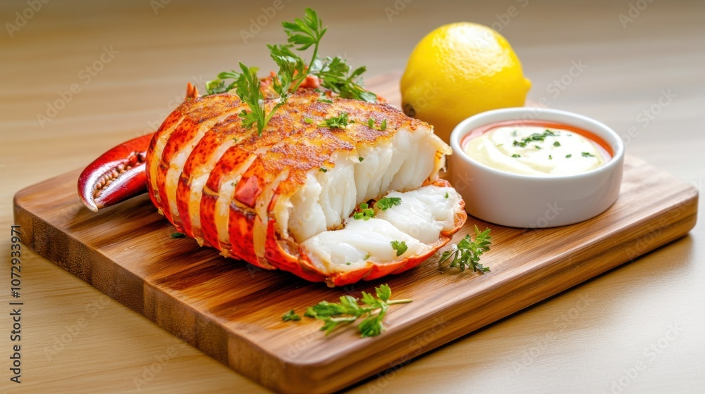 A succulent lobster tail plated with a lemon slice and a creamy dipping sauce, garnished with herbs on a wooden board. A succulent lobster tail plated with a lemon slice and a creamy dipping sauce, garnished with herbs on a wooden board.