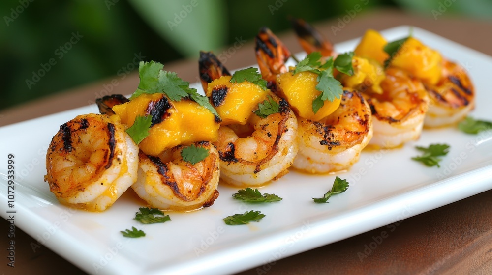Grilled shrimp topped with fresh mango and cilantro, served on a white plate, embodying a vibrant and tasty seafood dish. Grilled shrimp topped with fresh mango and cilantro, served on a white plate, embodying a vibrant and tasty seafood dish.