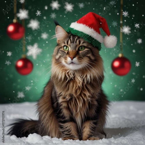 Maine Coon cat wearing a Christmas Santa hat with green ornaments in snow. Fluffy cat with green eyes, surrounded by holiday decor and snowflakes